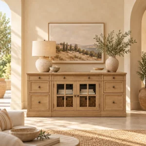 Meuble TV Woody Collection en bois naturel dans un salon