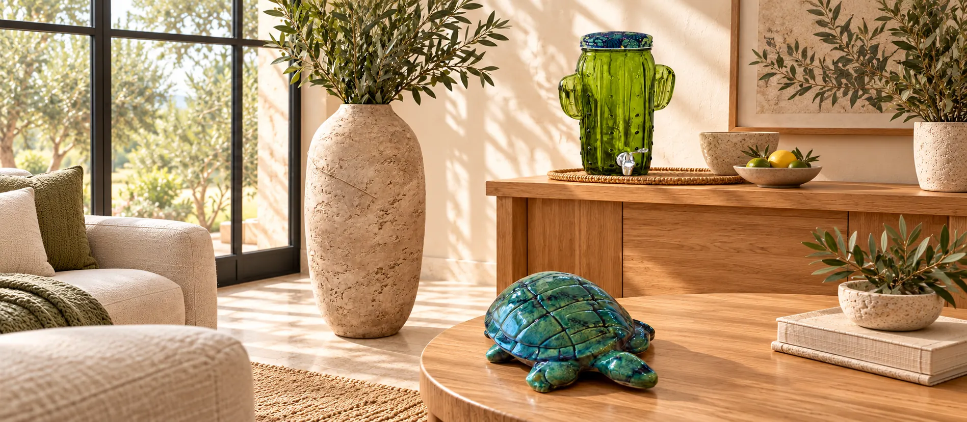 Vase colonne effet pierre, distributeur cactus en verre et tortue en céramique dans un salon lumineux en chêne et lin.