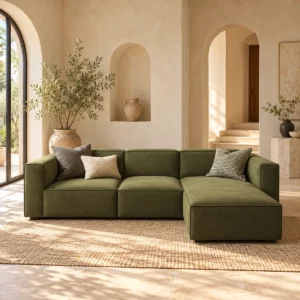 Salon Cube vert olive dans un séjour lumineux