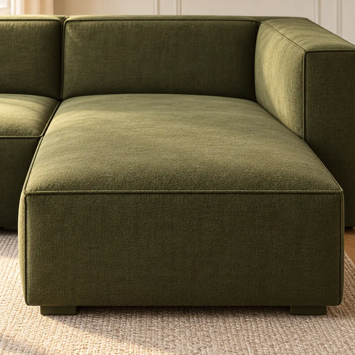 Méridienne et coussin d'assise vert olive du salon Cube