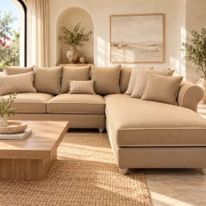 Salon de coin Elisabeth beige dans un séjour lumineux