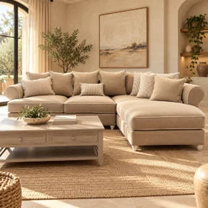 Salon de coin Elisabeth beige réalisé pour un client, dans un séjour lumineux