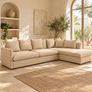 Salon de coin Louiz beige dans un séjour aux murs clairs
