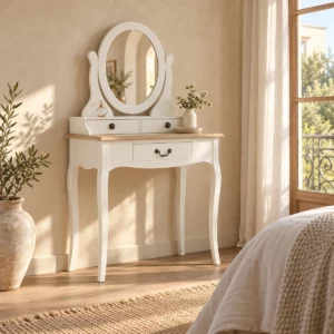 Secrétaire Louis 15 blanc avec miroir ovale dans une chambre beige