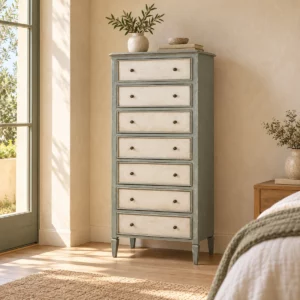 Semainier Filippe gris vert et ivoire patiné dans une chambre beige