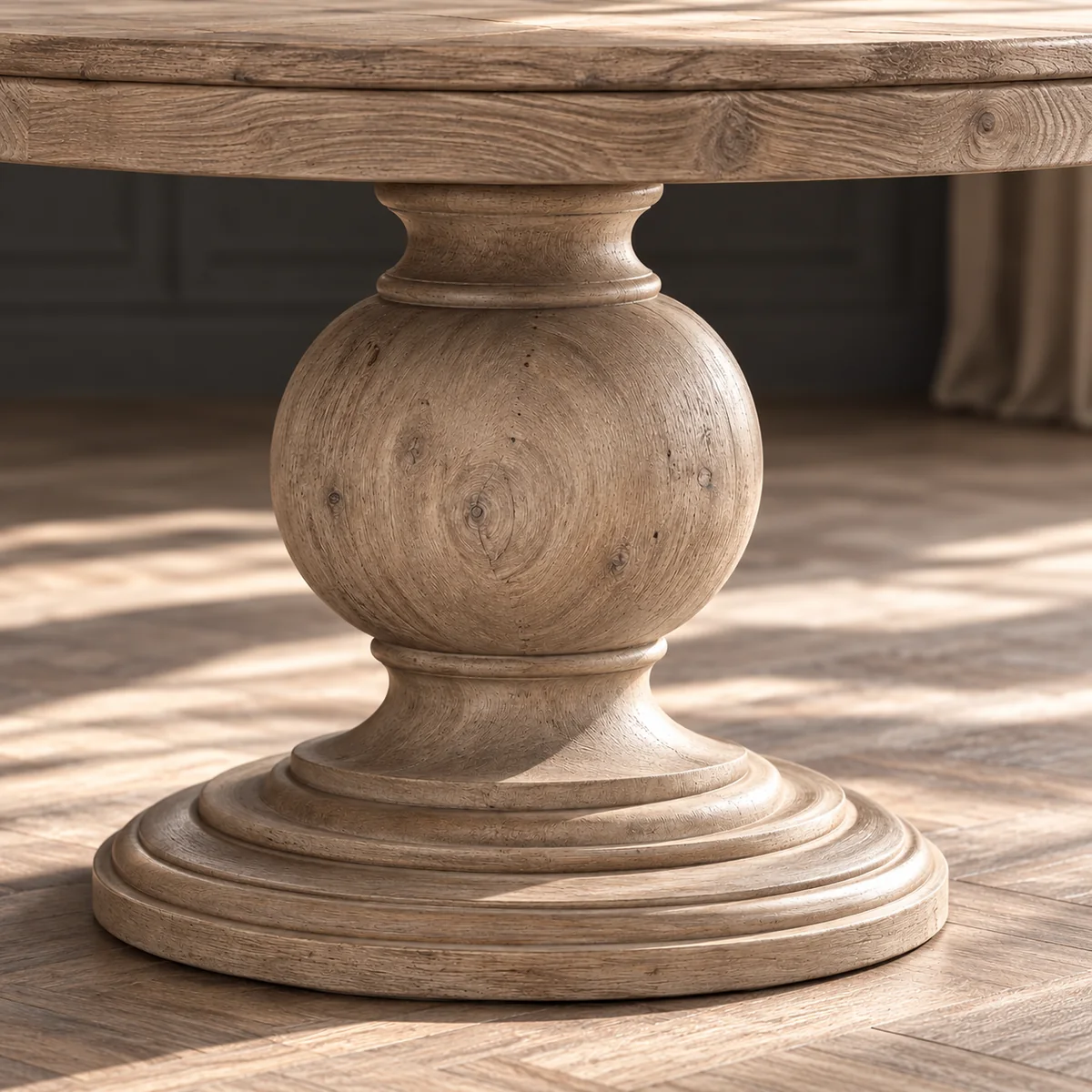 Pied central boule et socle mouluré en bois beige naturel de la table Isabelle.