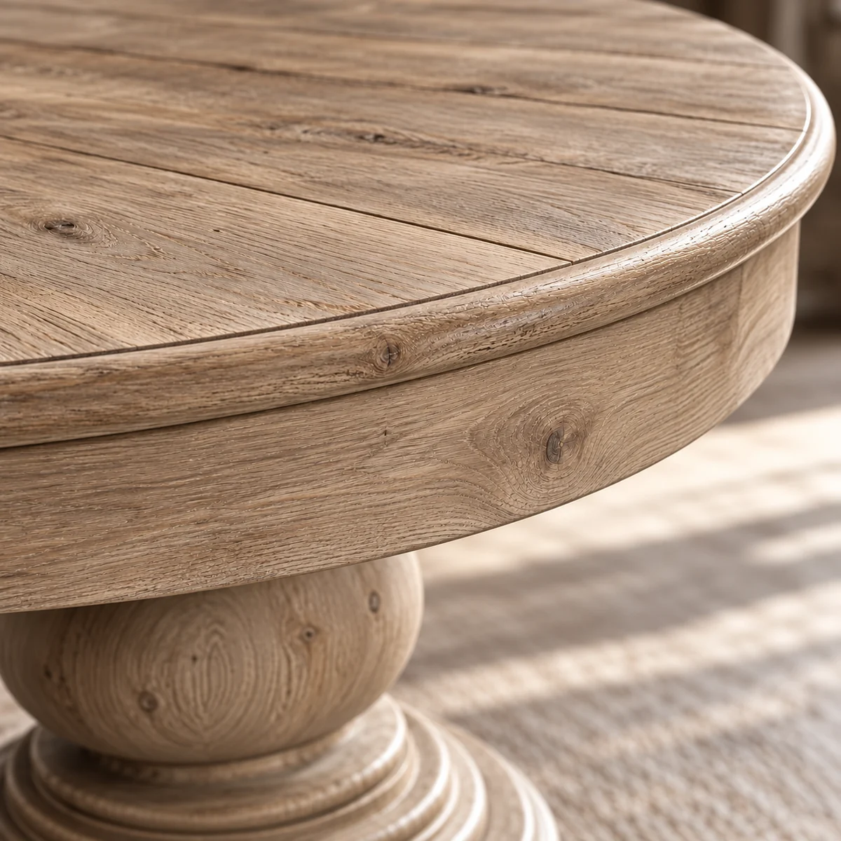 Détail du plateau et du veinage beige naturel de la table Isabelle.