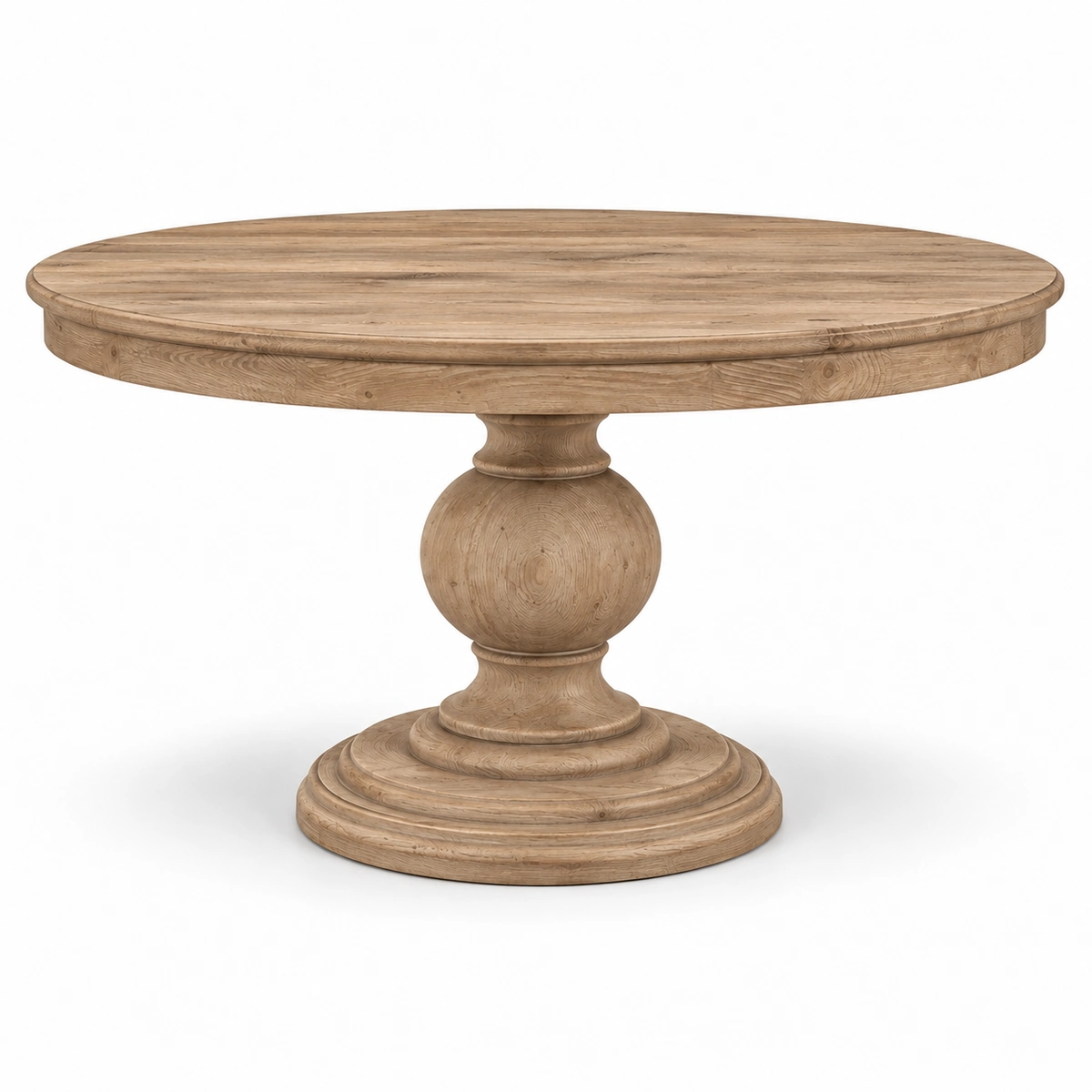 Table ronde Isabelle en bois beige naturel sur fond blanc.