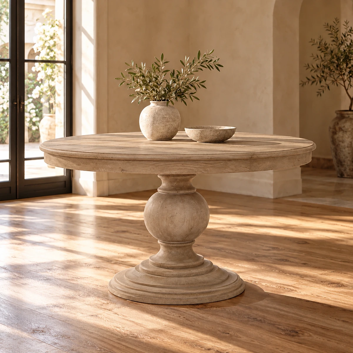 Table Isabelle en bois beige naturel avec pied central dans une salle à manger.