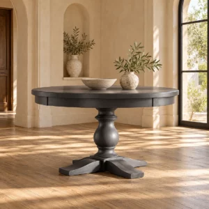 Table Louise ronde gris anthracite dans une salle lumineuse