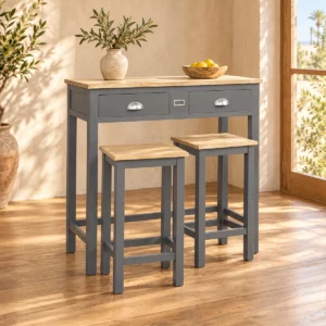 Table haute grise avec deux tabourets dans une salle lumineuse