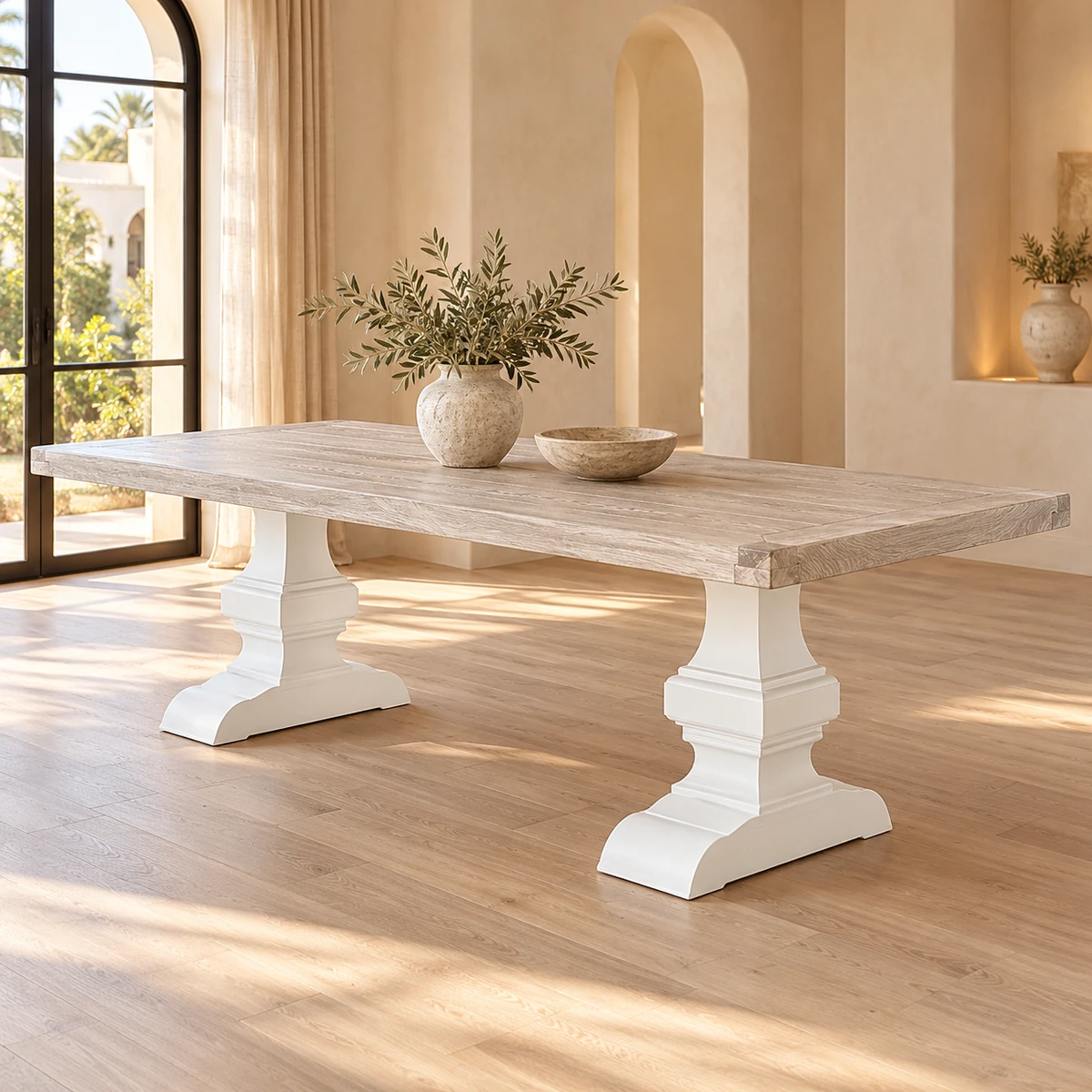 Table Victoria bois blanchi et socles blancs en salle lumineuse