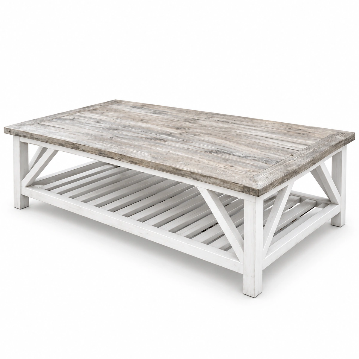 Table basse à lattes blanche et bois grisé sur fond blanc