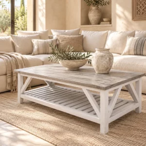 Table basse à lattes blanche et bois grisé dans un salon beige