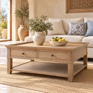 Table basse Club en chêne clair dans un séjour aux murs beige