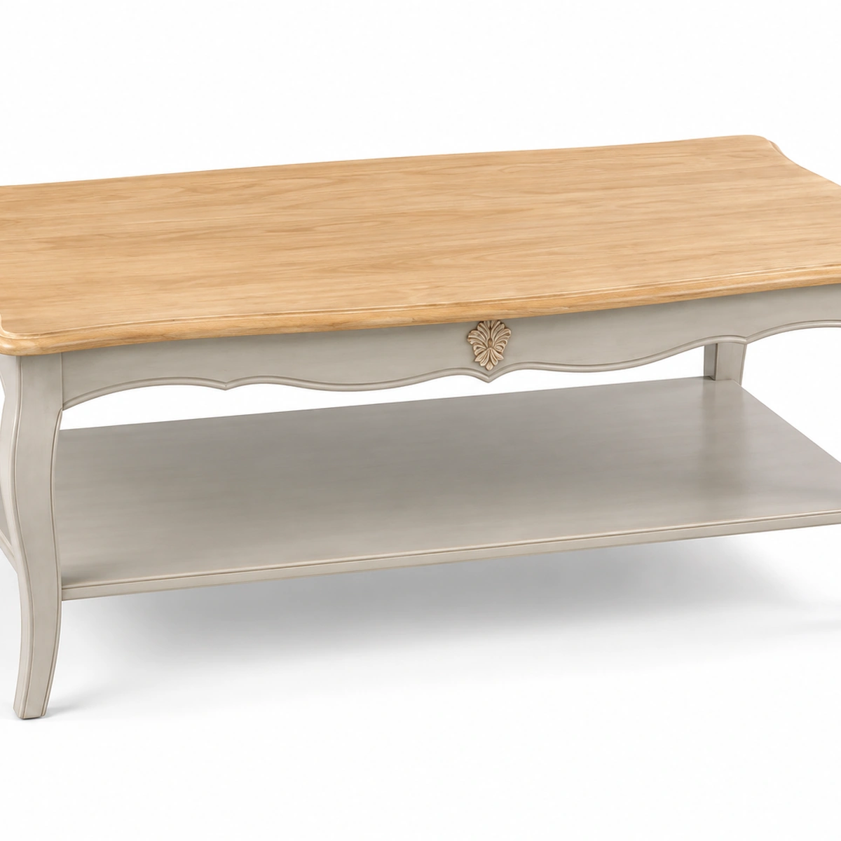 Table basse Louis XV ivoire avec étagère sur fond blanc