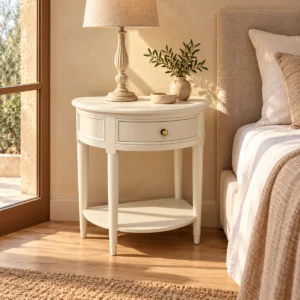 Table de nuit arrondie ivoire dans une chambre aux murs beige