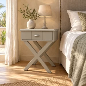Table de nuit Croisée grise dans une chambre aux murs beige