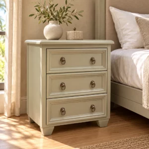 Table de nuit Philippe ivoire patinée dans une chambre beige