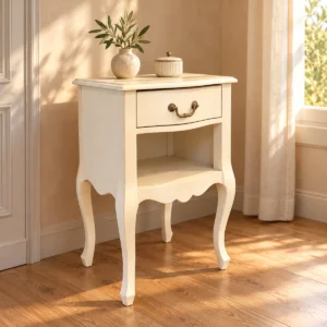 Table de nuit Sarah ivoire patinée dans une chambre beige