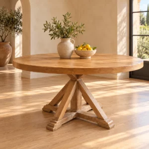 Table ronde Woody en bois naturel dans une salle lumineuse