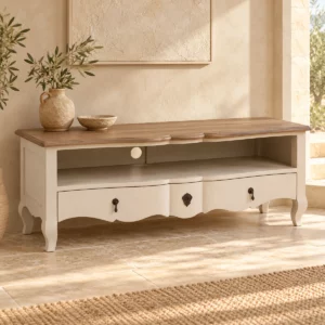 Meuble TV Ulysse blanc et bois dans un séjour aux murs beige