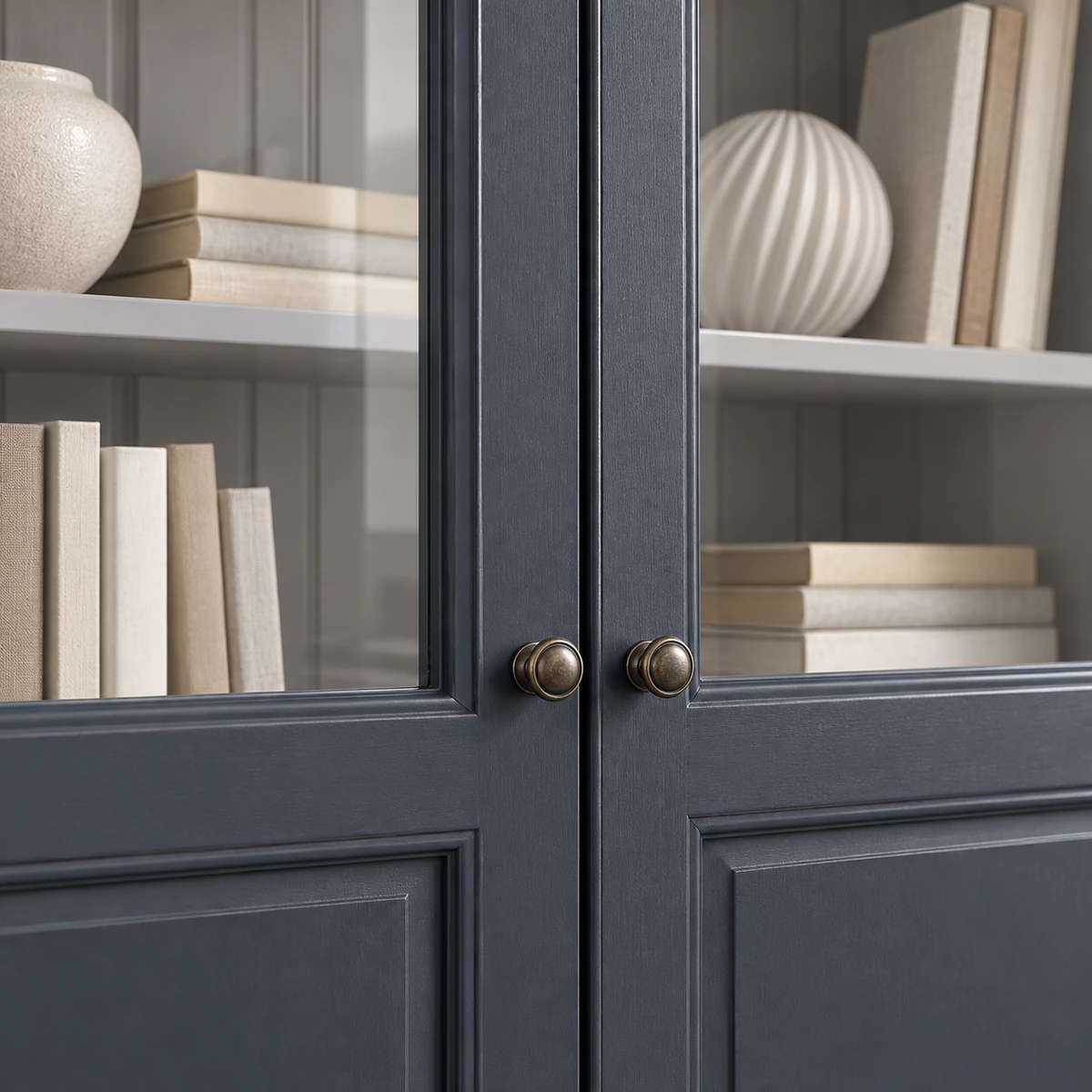 Détail des boutons métalliques et des panneaux bleu gris