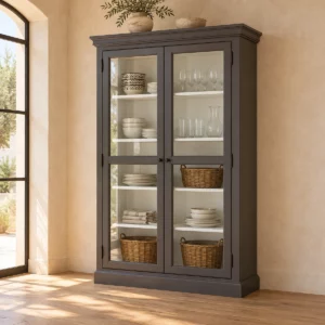 Vitrine Ulysse gris taupe dans une salle à lumière chaude